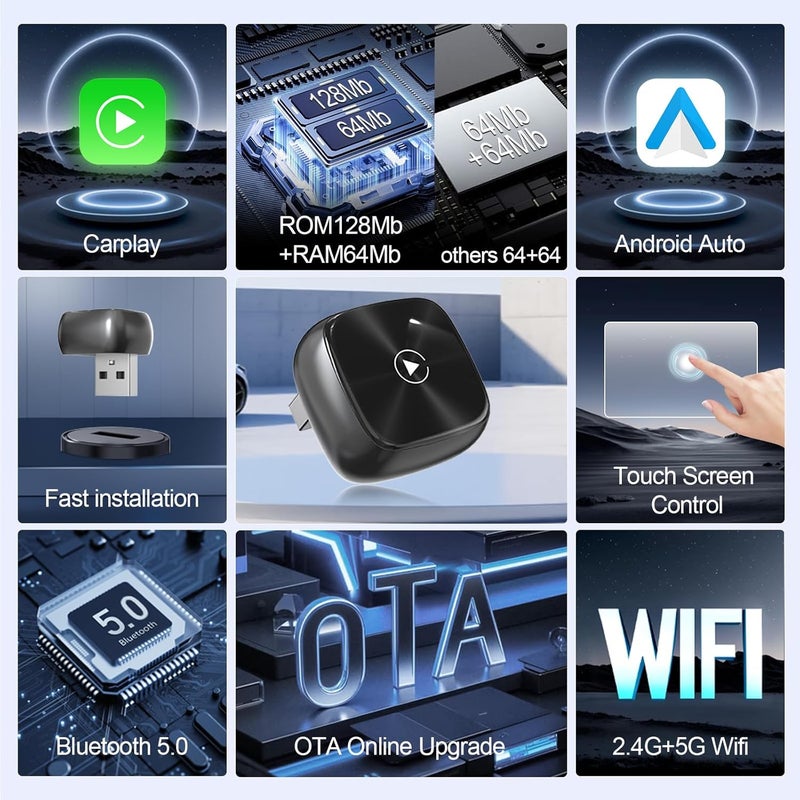 HISSIMO 2025 Upgraded[128MB ROM] Wireless CarPlay Adapter for Apple & Android Auto, 2 in 1 Mini Version Convert Wired Car Play to Wireless Adapter, Plug and Play Car Accessories - Image 4